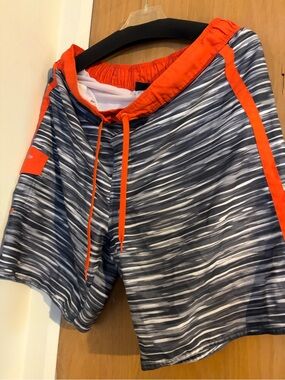Laguna B Men’s Swim Trunks in Gray Stripe with Orange Accents